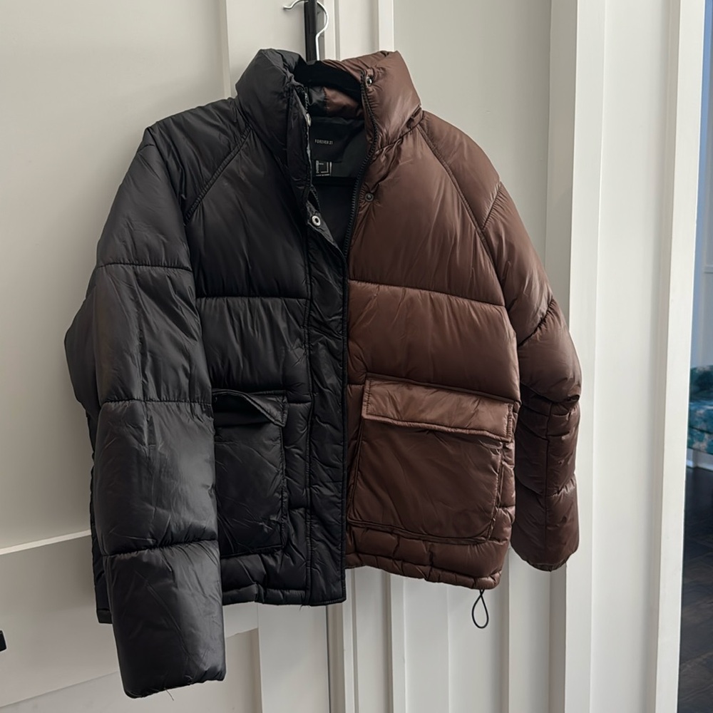 brown and black puffer coat